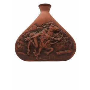Red Ceramic Bisque Native American Fighter Hunter on Horse 3D Vase Decanter RARE